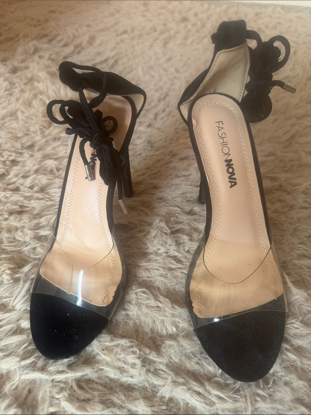 Fashion Nova Black Lace-Up Heels with Clear Toe Strap size 7.5 like new